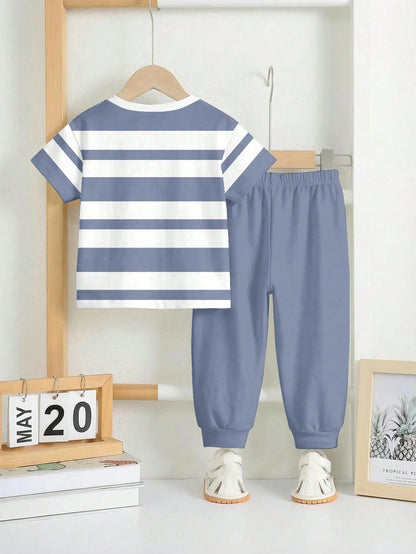 3 Sets Baby Boys' Casual Summer Beach Outfits,Loose Sports Short Sleeve T-Shirt And Pants 2-Piece Set,Classic Blue White Stripe Horse Logo Print