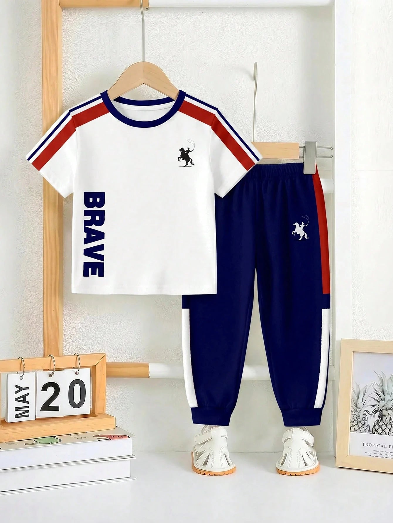 3 Sets Baby Boys' Casual Summer Beach Outfits,Loose Sports Short Sleeve T-Shirt And Pants 2-Piece Set,Classic Blue White Stripe Horse Logo Print