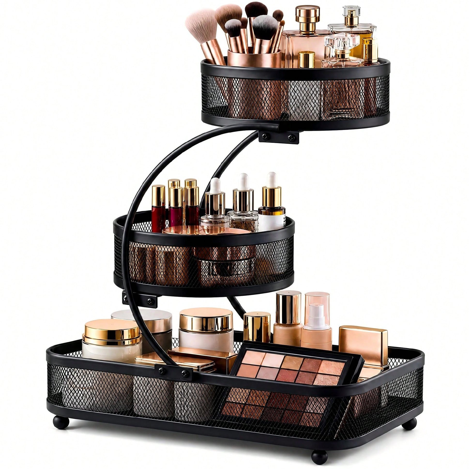 3-Tier Metal Bathroom Organizer (Includes Spray Bottle & Hooks)- A Space-Saving Countertop Storage Solution Designed For Cosmetics, Skincare, And Toiletries; Features A Rust-Resistant Diamond Mesh De