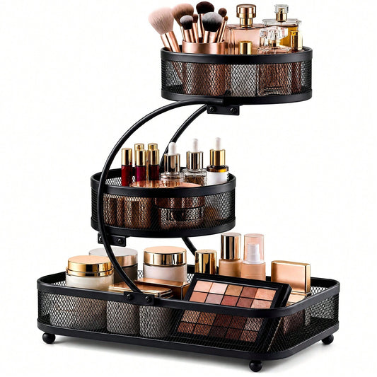 3-Tier Metal Bathroom Organizer (Includes Spray Bottle & Hooks)- A Space-Saving Countertop Storage Solution Designed For Cosmetics, Skincare, And Toiletries; Features A Rust-Resistant Diamond Mesh De