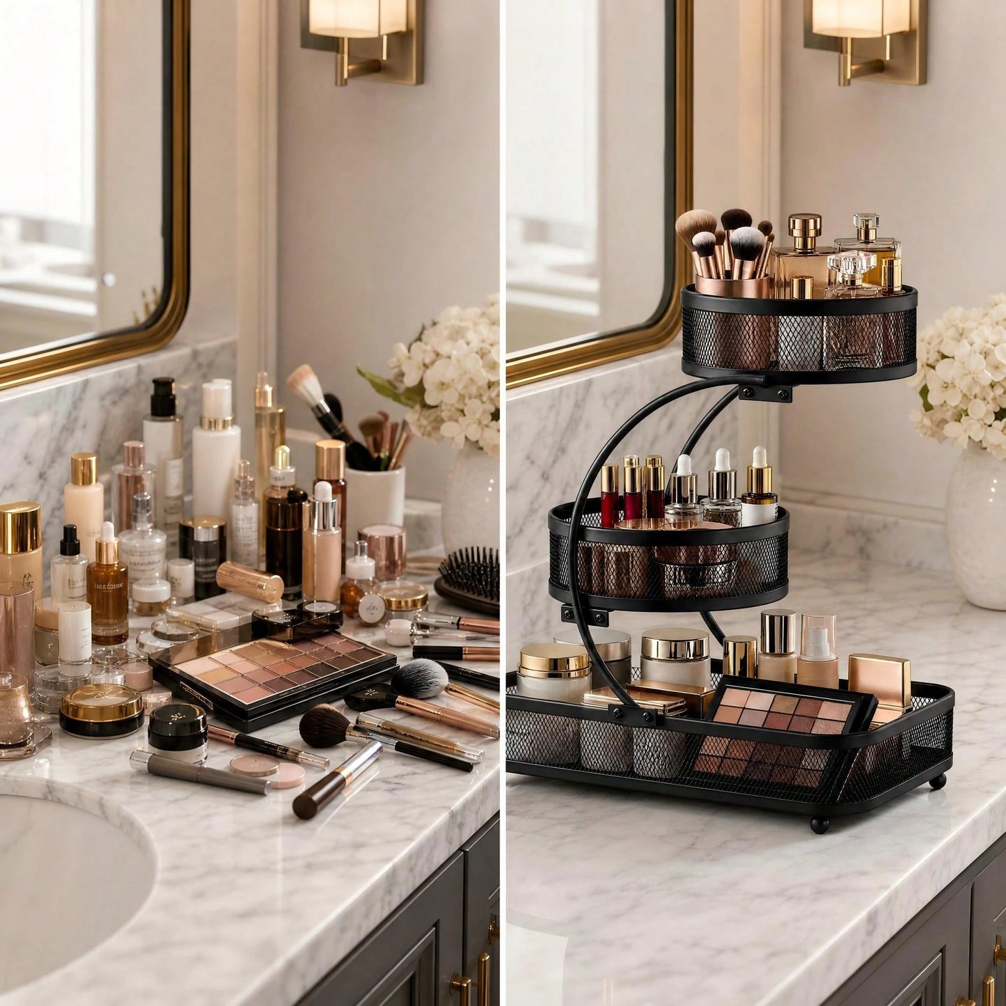 3-Tier Metal Bathroom Organizer (Includes Spray Bottle & Hooks)- A Space-Saving Countertop Storage Solution Designed For Cosmetics, Skincare, And Toiletries; Features A Rust-Resistant Diamond Mesh De
