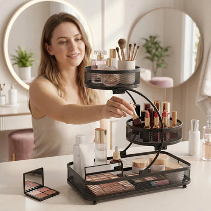 3-Tier Metal Bathroom Organizer (Includes Spray Bottle & Hooks)- A Space-Saving Countertop Storage Solution Designed For Cosmetics, Skincare, And Toiletries; Features A Rust-Resistant Diamond Mesh De