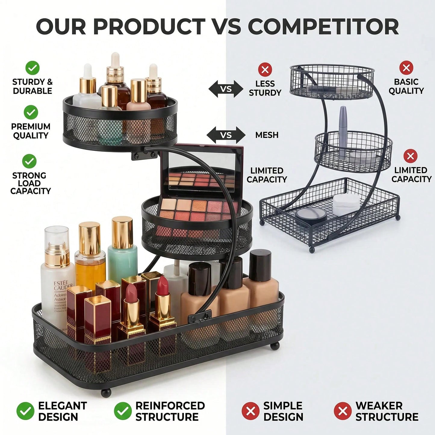 3-Tier Metal Bathroom Organizer (Includes Spray Bottle & Hooks)- A Space-Saving Countertop Storage Solution Designed For Cosmetics, Skincare, And Toiletries; Features A Rust-Resistant Diamond Mesh De