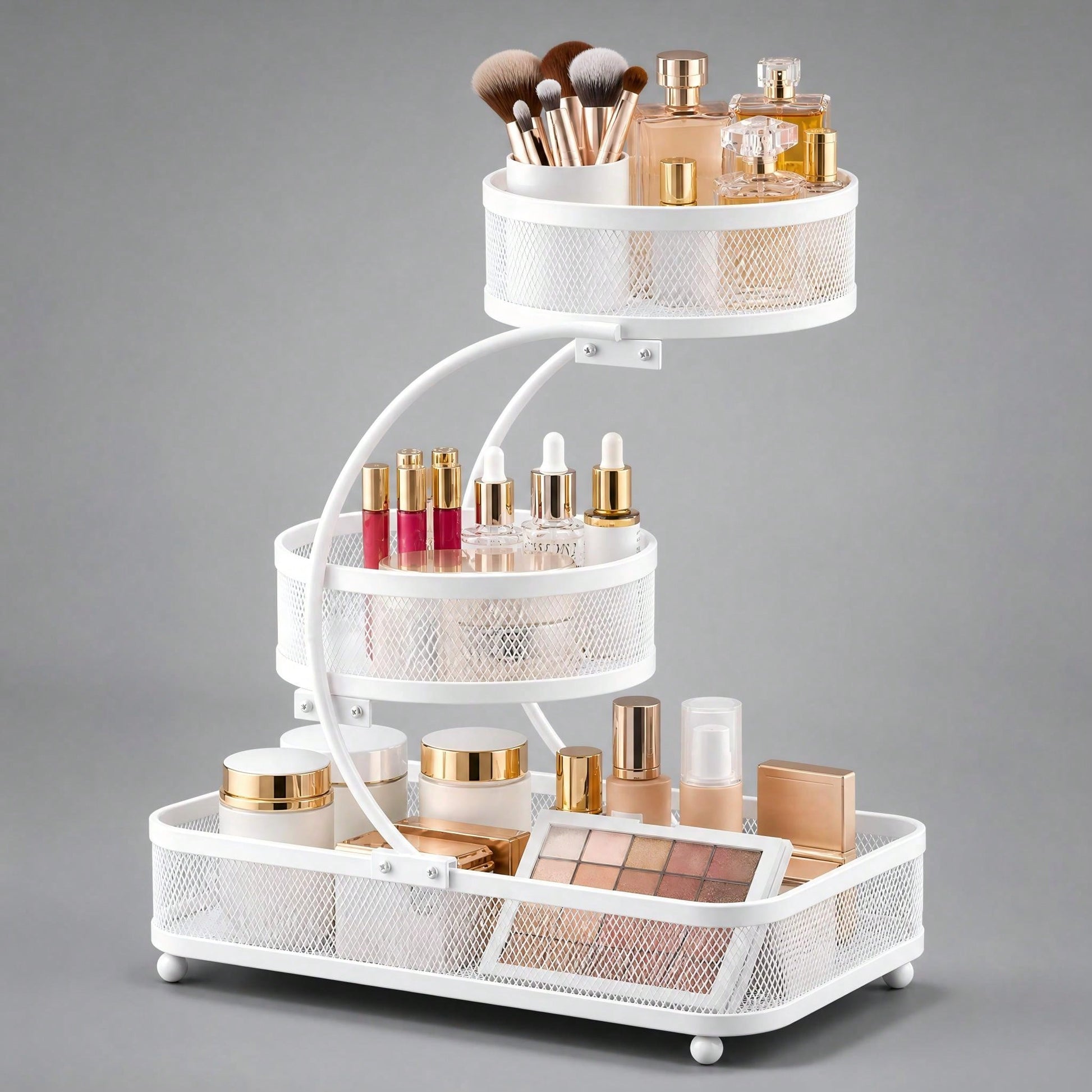 3-Tier Metal Bathroom Organizer (Includes Spray Bottle & Hooks)- A Space-Saving Countertop Storage Solution Designed For Cosmetics, Skincare, And Toiletries; Features A Rust-Resistant Diamond Mesh De