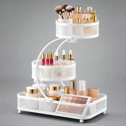 3-Tier Metal Bathroom Organizer (Includes Spray Bottle & Hooks)- A Space-Saving Countertop Storage Solution Designed For Cosmetics, Skincare, And Toiletries; Features A Rust-Resistant Diamond Mesh De