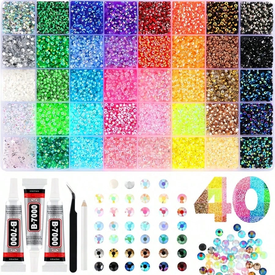 32,000pcs/40 Colors/3mm Flat Bottom Rhinestone Set, Multi-Color Handmade Gems Set With Pickup Pen And Tweezers. Suitable For DIY, Clothing, Shoes Sparkling Jewelry- Colorful Mixed Color Palette., Gif