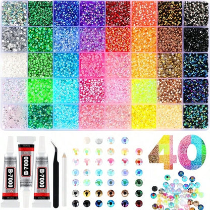 32,000pcs/40 Colors/3mm Flat Bottom Rhinestone Set, Multi-Color Handmade Gems Set With Pickup Pen And Tweezers. Suitable For DIY, Clothing, Shoes Sparkling Jewelry- Colorful Mixed Color Palette., Gif