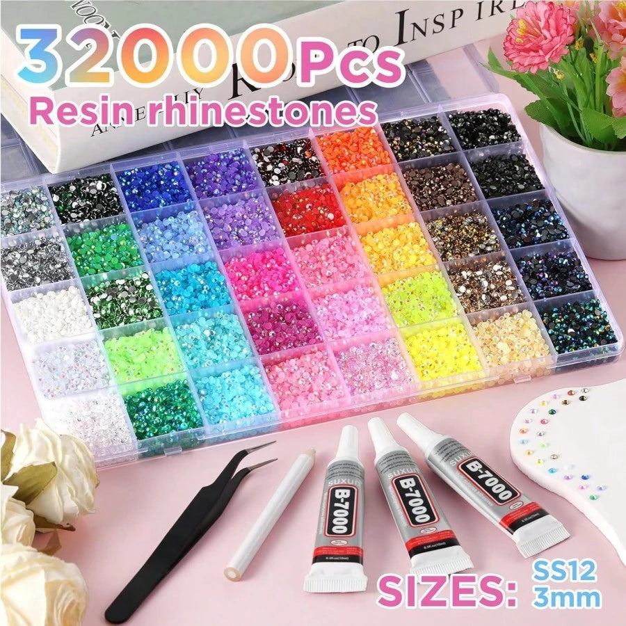 32,000pcs/40 Colors/3mm Flat Bottom Rhinestone Set, Multi-Color Handmade Gems Set With Pickup Pen And Tweezers. Suitable For DIY, Clothing, Shoes Sparkling Jewelry- Colorful Mixed Color Palette., Gif