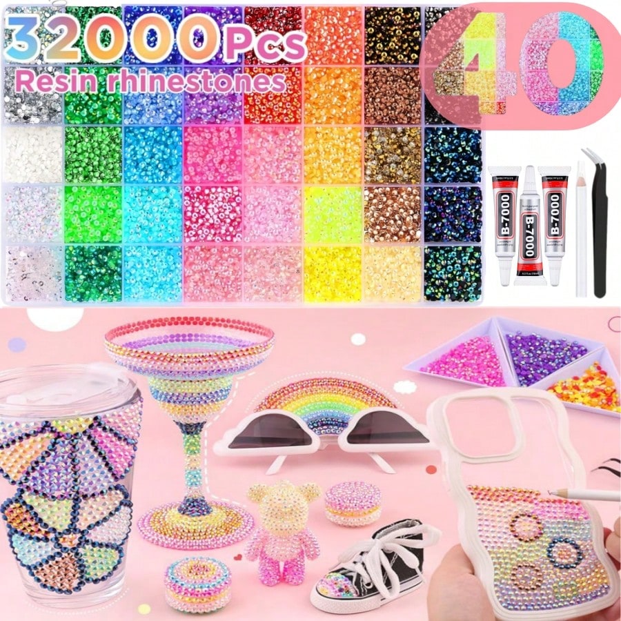 32,000pcs/40 Colors/3mm Flat Bottom Rhinestone Set, Multi-Color Handmade Gems Set With Pickup Pen And Tweezers. Suitable For DIY, Clothing, Shoes Sparkling Jewelry- Colorful Mixed Color Palette., Gif