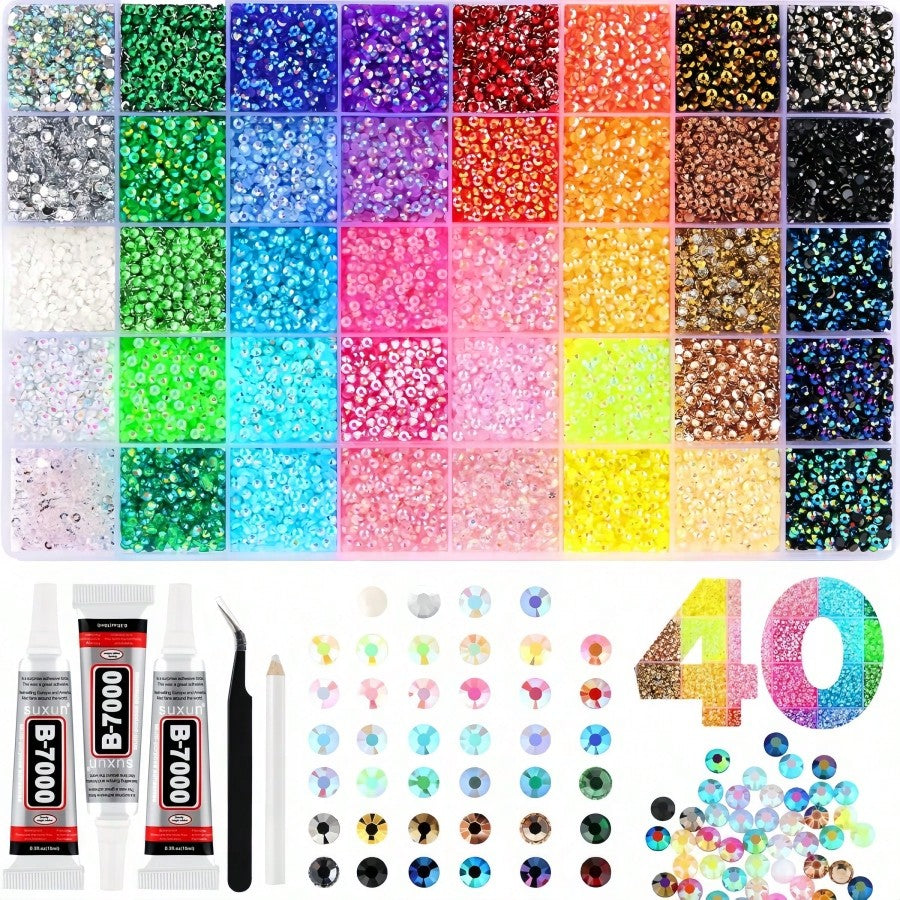 32,000pcs/40 Colors/3mm Flat Bottom Rhinestone Set, Multi-Color Handmade Gems Set With Pickup Pen And Tweezers. Suitable For DIY, Clothing, Shoes Sparkling Jewelry- Colorful Mixed Color Palette., Gif
