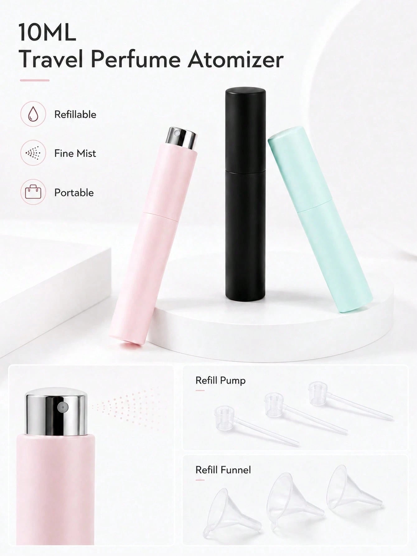 3pcs/2pcs 10ML Portable Perfume Refillable Spray Bottles With Dispenser, Solid Color Shell With Glass Inner Liner, Leak-Proof And Corrosion-Resistant, Refillable For Perfume, Toner, Spray. Compact And