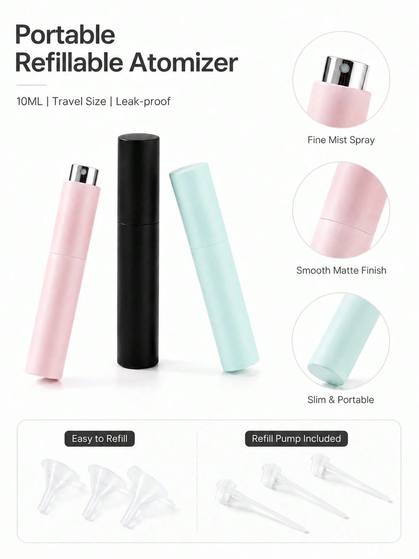 3pcs/2pcs 10ML Portable Perfume Refillable Spray Bottles With Dispenser, Solid Color Shell With Glass Inner Liner, Leak-Proof And Corrosion-Resistant, Refillable For Perfume, Toner, Spray. Compact And