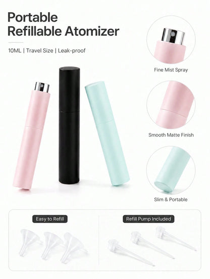 3pcs/2pcs 10ML Portable Perfume Refillable Spray Bottles With Dispenser, Solid Color Shell With Glass Inner Liner, Leak-Proof And Corrosion-Resistant, Refillable For Perfume, Toner, Spray. Compact And