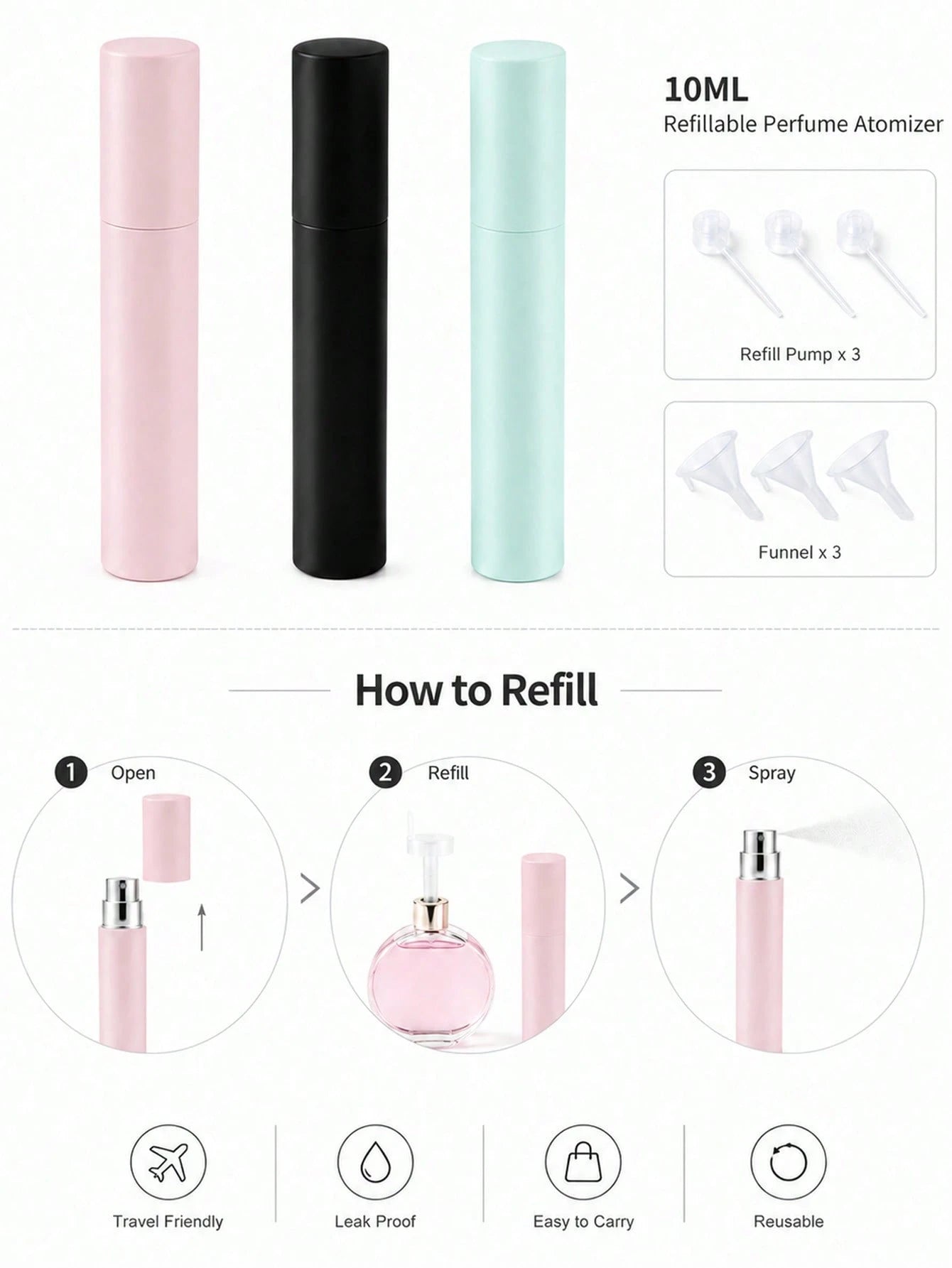 3pcs/2pcs 10ML Portable Perfume Refillable Spray Bottles With Dispenser, Solid Color Shell With Glass Inner Liner, Leak-Proof And Corrosion-Resistant, Refillable For Perfume, Toner, Spray. Compact And