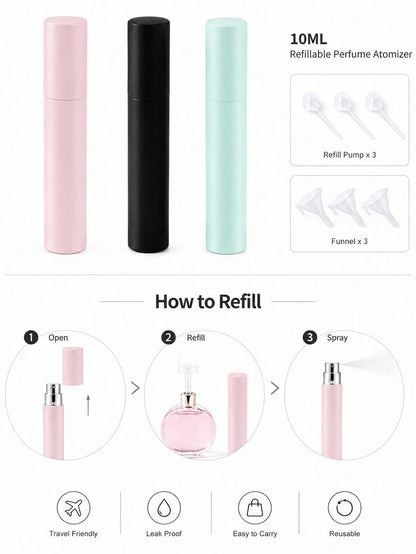 3pcs/2pcs 10ML Portable Perfume Refillable Spray Bottles With Dispenser, Solid Color Shell With Glass Inner Liner, Leak-Proof And Corrosion-Resistant, Refillable For Perfume, Toner, Spray. Compact And