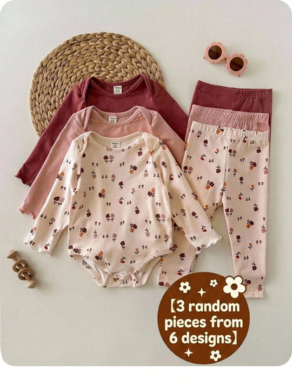 3pcs Newborn Baby Girl Cute Casual Ditsy Floral Elastic Knit Autumn Bodysuit