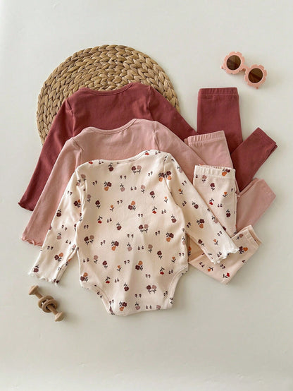 3pcs Newborn Baby Girl Cute Casual Ditsy Floral Elastic Knit Autumn Bodysuit