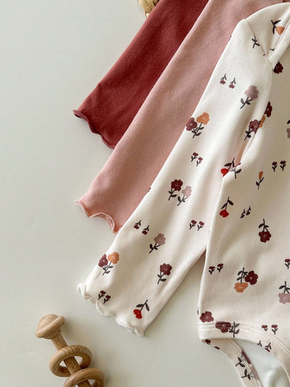 3pcs Newborn Baby Girl Cute Casual Ditsy Floral Elastic Knit Autumn Bodysuit