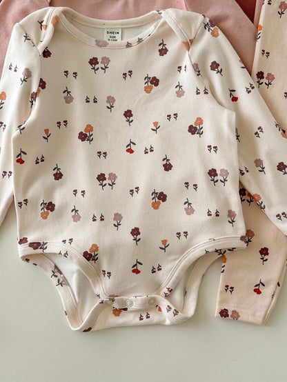 3pcs Newborn Baby Girl Cute Casual Ditsy Floral Elastic Knit Autumn Bodysuit