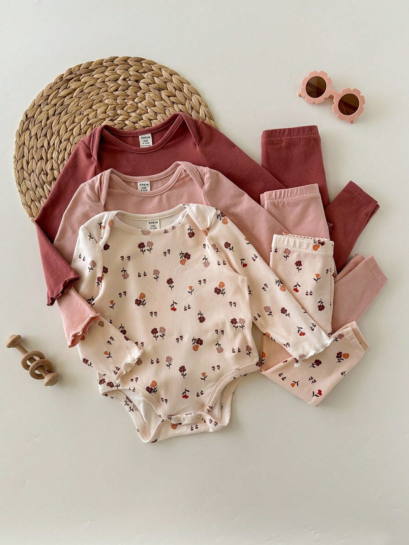 3pcs Newborn Baby Girl Cute Casual Ditsy Floral Elastic Knit Autumn Bodysuit