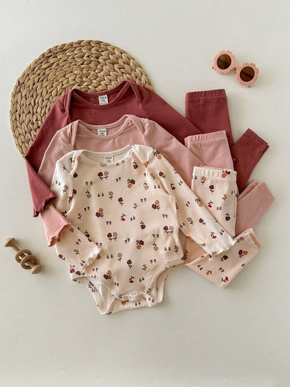 3pcs Newborn Baby Girl Cute Casual Ditsy Floral Elastic Knit Autumn Bodysuit