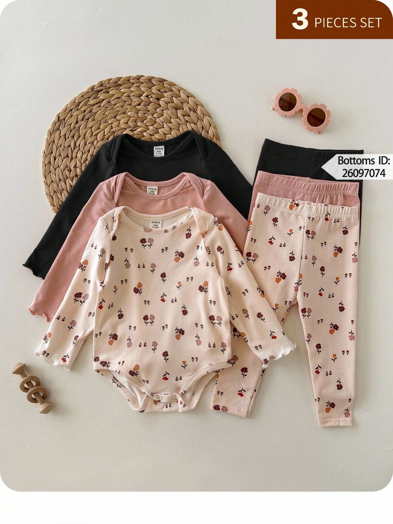 3pcs Newborn Baby Girl Cute Casual Ditsy Floral Elastic Knit Autumn Bodysuit