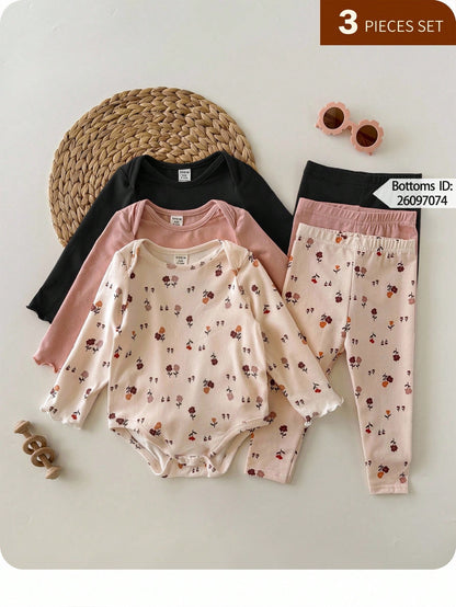 3pcs Newborn Baby Girl Cute Casual Ditsy Floral Elastic Knit Autumn Bodysuit