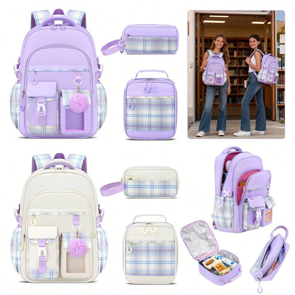 3PCS Plaid School Backpack Lunch Box Bag Pencil Case Set, Cute Backpack For Teenage Girls, 15.6-Inch Computer Laptop Backpack, Outdoor Travel Bag, Light And Large Capacity Multi-Pocket Schoolbag, Smoo