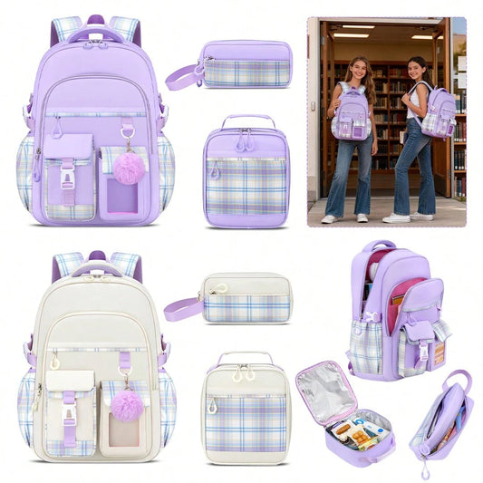 3PCS Plaid School Backpack Lunch Box Bag Pencil Case Set, Cute Backpack For Teenage Girls, 15.6-Inch Computer Laptop Backpack, Outdoor Travel Bag, Light And Large Capacity Multi-Pocket Schoolbag, Smoo