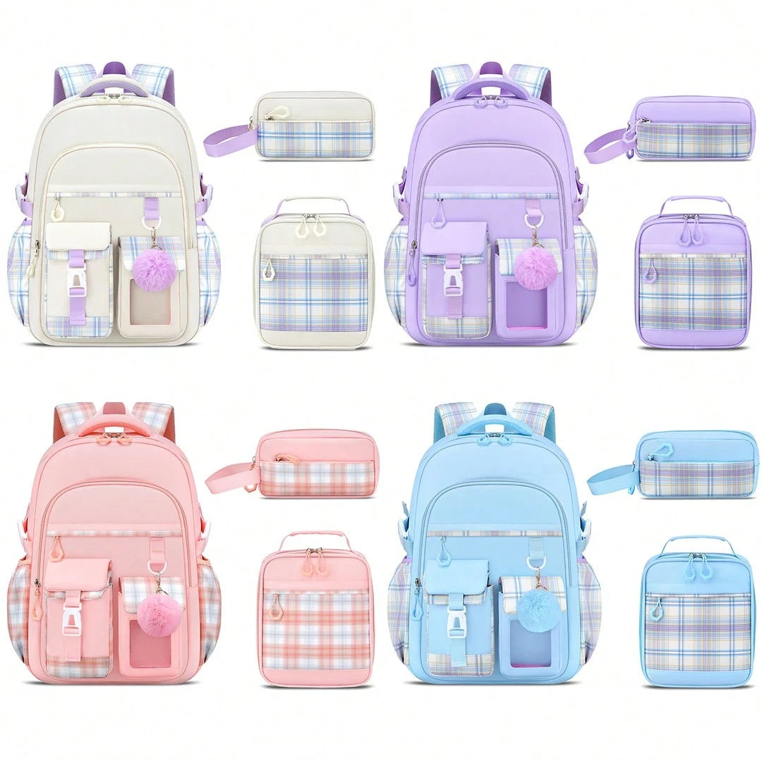3PCS Plaid School Backpack Lunch Box Bag Pencil Case Set, Cute Backpack For Teenage Girls, 15.6-Inch Computer Laptop Backpack, Outdoor Travel Bag, Light And Large Capacity Multi-Pocket Schoolbag, Smoo