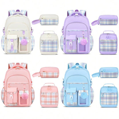 3PCS Plaid School Backpack Lunch Box Bag Pencil Case Set, Cute Backpack For Teenage Girls, 15.6-Inch Computer Laptop Backpack, Outdoor Travel Bag, Light And Large Capacity Multi-Pocket Schoolbag, Smoo