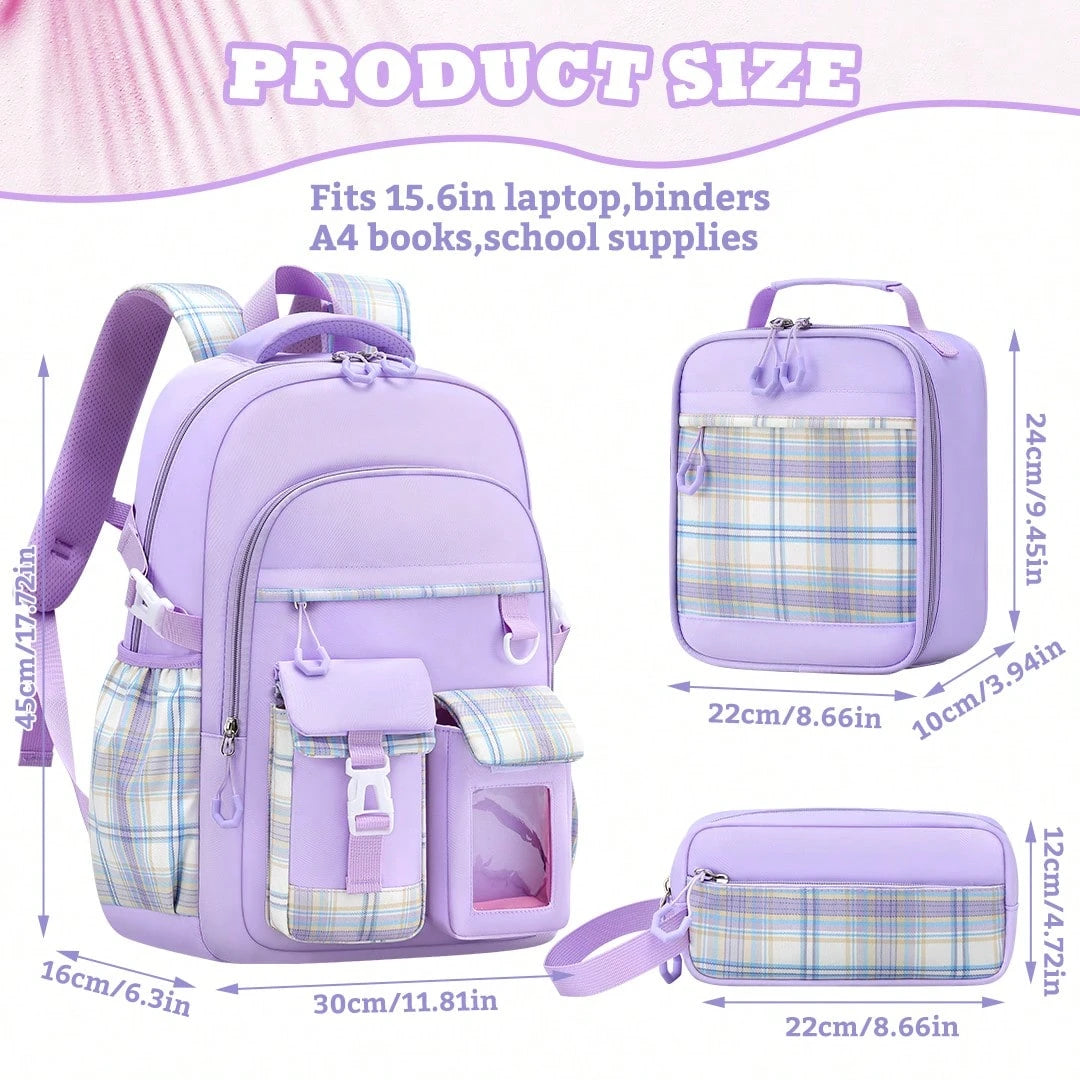 3PCS Plaid School Backpack Lunch Box Bag Pencil Case Set, Cute Backpack For Teenage Girls, 15.6-Inch Computer Laptop Backpack, Outdoor Travel Bag, Light And Large Capacity Multi-Pocket Schoolbag, Smoo