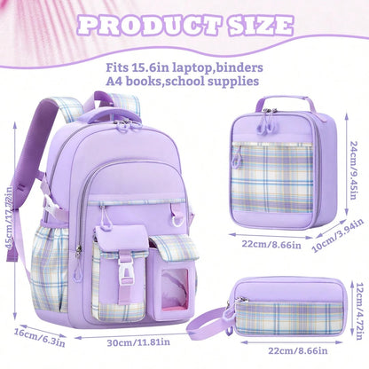 3PCS Plaid School Backpack Lunch Box Bag Pencil Case Set, Cute Backpack For Teenage Girls, 15.6-Inch Computer Laptop Backpack, Outdoor Travel Bag, Light And Large Capacity Multi-Pocket Schoolbag, Smoo
