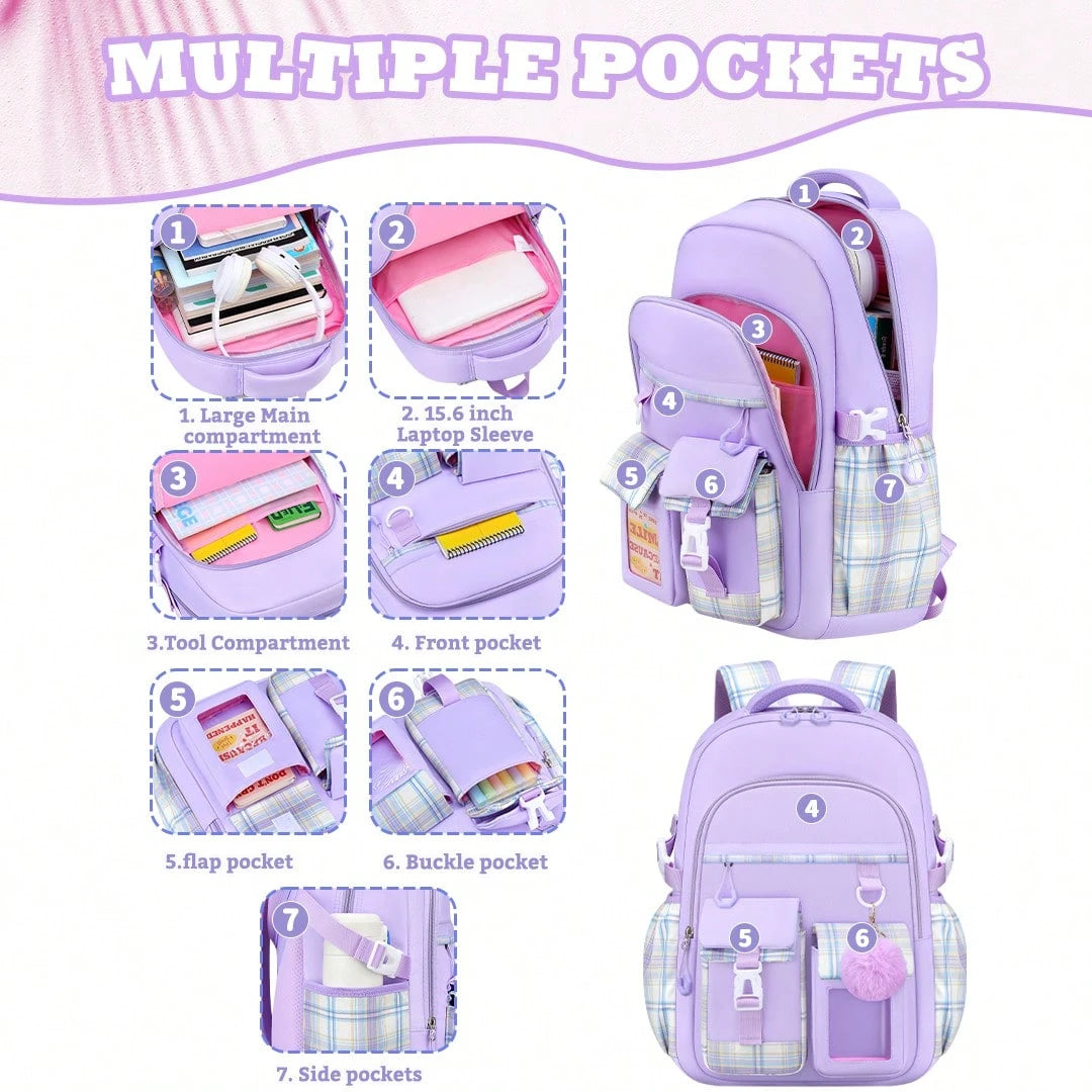 3PCS Plaid School Backpack Lunch Box Bag Pencil Case Set, Cute Backpack For Teenage Girls, 15.6-Inch Computer Laptop Backpack, Outdoor Travel Bag, Light And Large Capacity Multi-Pocket Schoolbag, Smoo