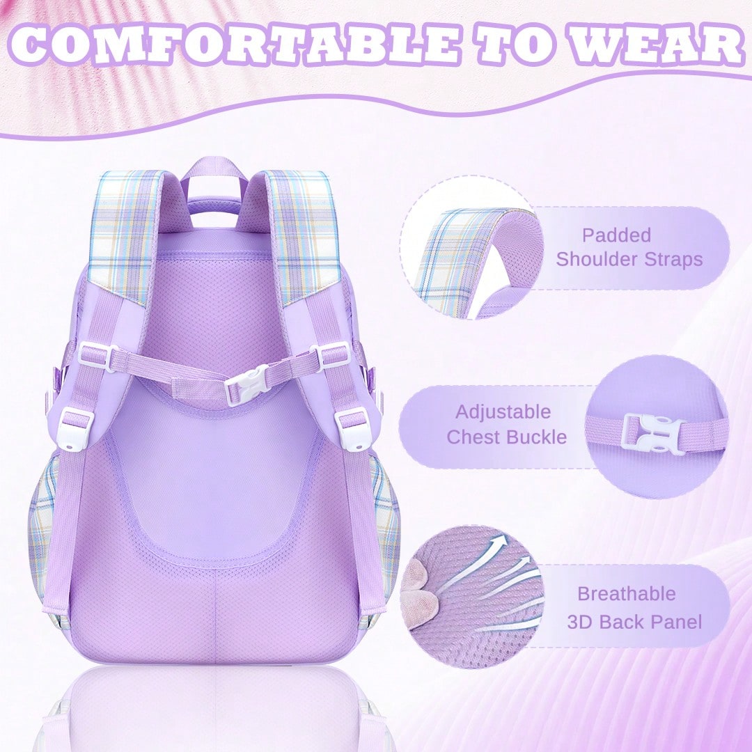 3PCS Plaid School Backpack Lunch Box Bag Pencil Case Set, Cute Backpack For Teenage Girls, 15.6-Inch Computer Laptop Backpack, Outdoor Travel Bag, Light And Large Capacity Multi-Pocket Schoolbag, Smoo