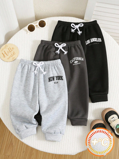 3pcs/Set Baby Boy/Girl Black, White, Dark Grey Letter Print Casual Sports Jogger Winter Pants Combo, Buy 1 Get 2 Free