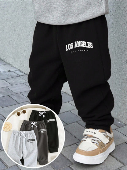 3pcs/Set Baby Boy/Girl Black, White, Dark Grey Letter Print Casual Sports Jogger Winter Pants Combo, Buy 1 Get 2 Free