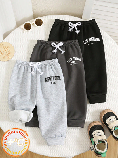 3pcs/Set Baby Boy/Girl Black, White, Dark Grey Letter Print Casual Sports Jogger Winter Pants Combo, Buy 1 Get 2 Free