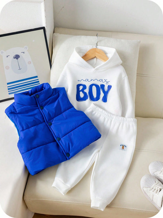 3pcs/Set Baby Boys Outfit,Thermal Lined White Hoodie Sweatshirt,Sweatpants&Blue Collar Winter Jacket Vest Set,Blue White Stripe,Autumn,Casual