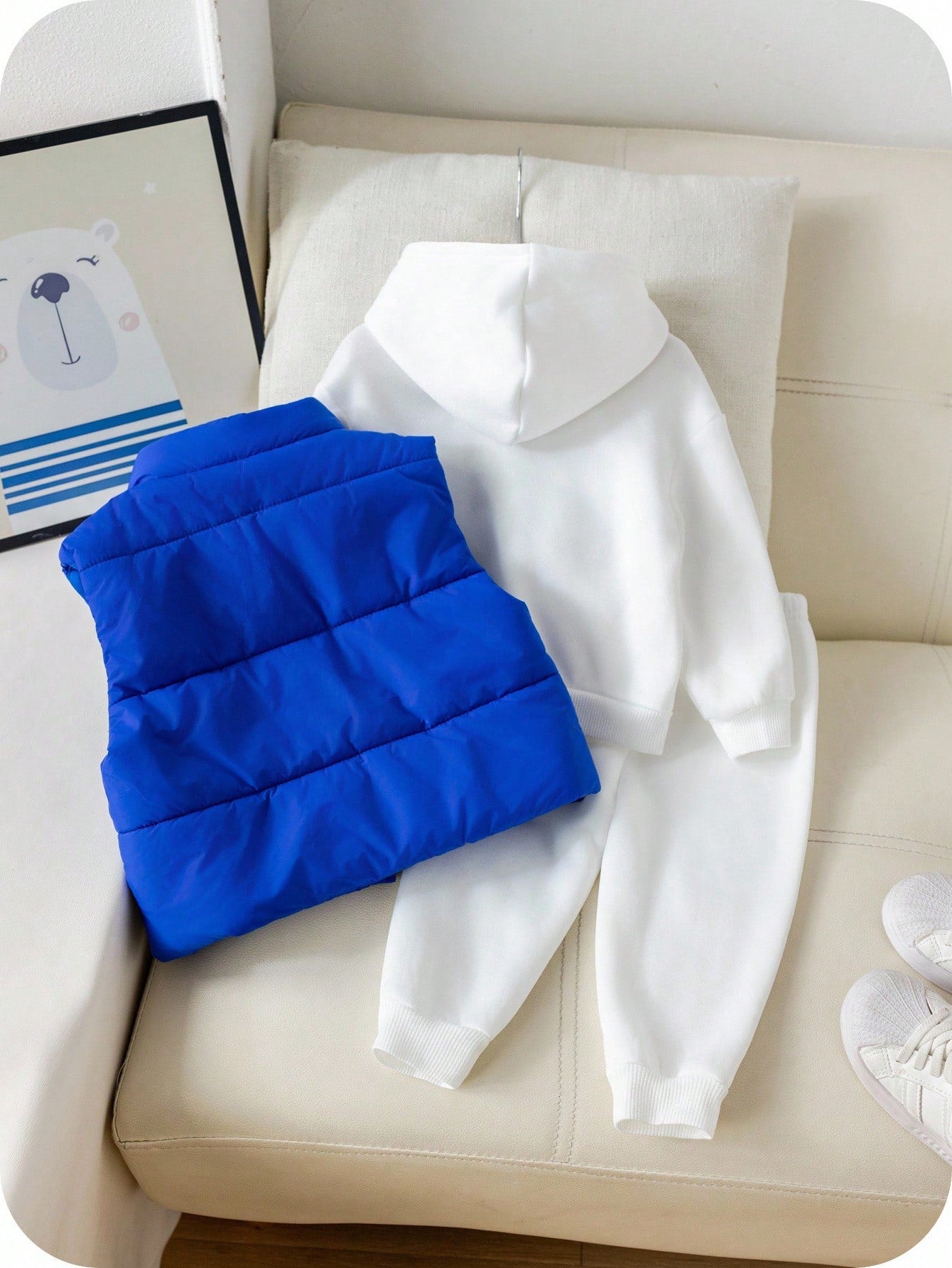 3pcs/Set Baby Boys Outfit,Thermal Lined White Hoodie Sweatshirt,Sweatpants&Blue Collar Winter Jacket Vest Set,Blue White Stripe,Autumn,Casual