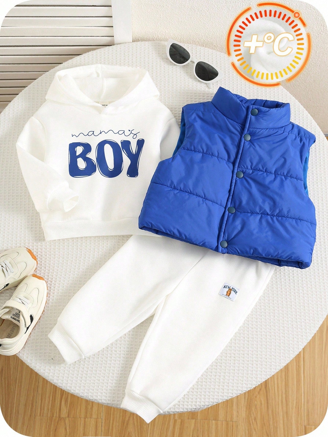 3pcs/Set Baby Boys Outfit,Thermal Lined White Hoodie Sweatshirt,Sweatpants&Blue Collar Winter Jacket Vest Set,Blue White Stripe,Autumn,Casual