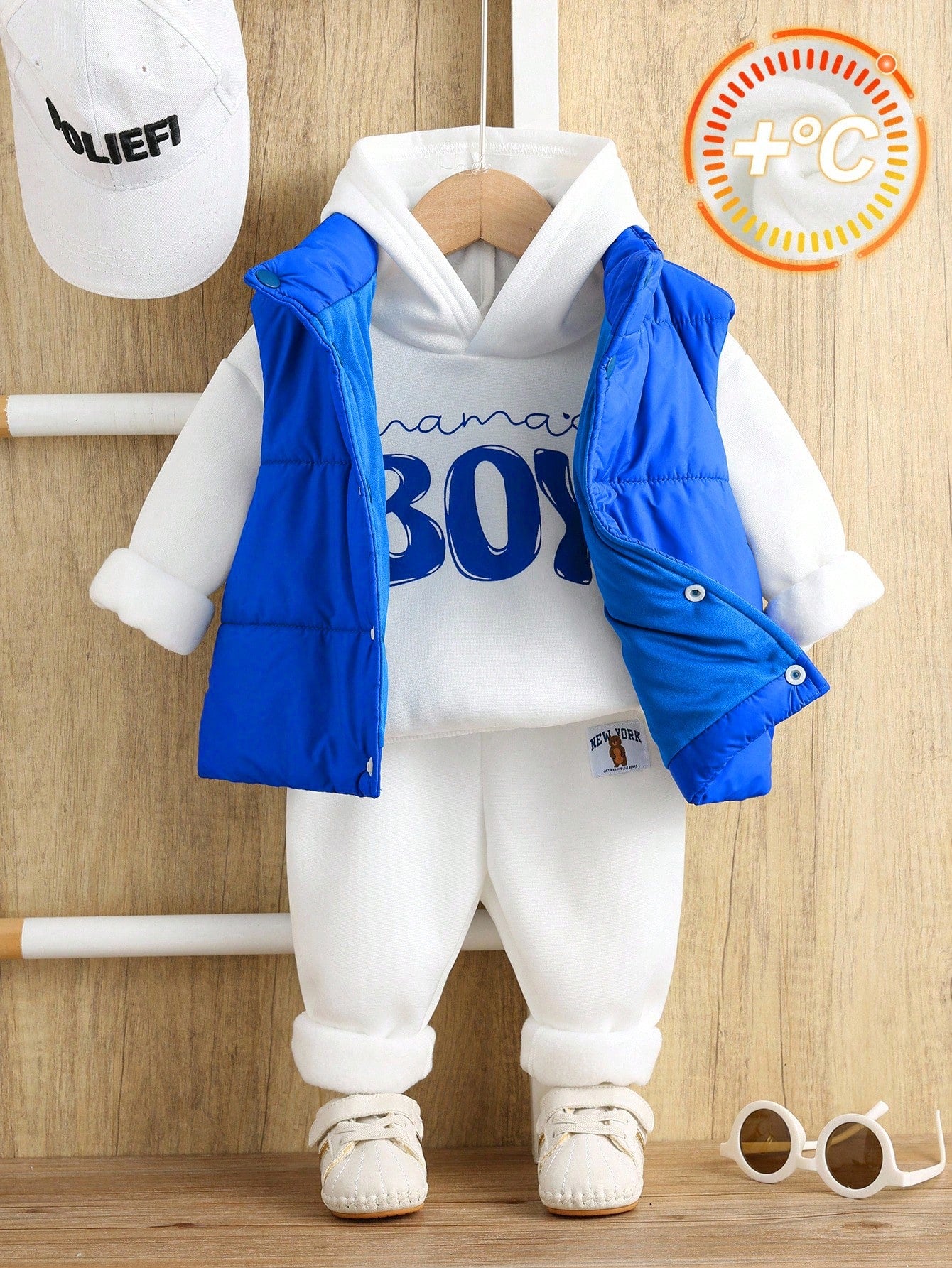 3pcs/Set Baby Boys Outfit,Thermal Lined White Hoodie Sweatshirt,Sweatpants&Blue Collar Winter Jacket Vest Set,Blue White Stripe,Autumn,Casual