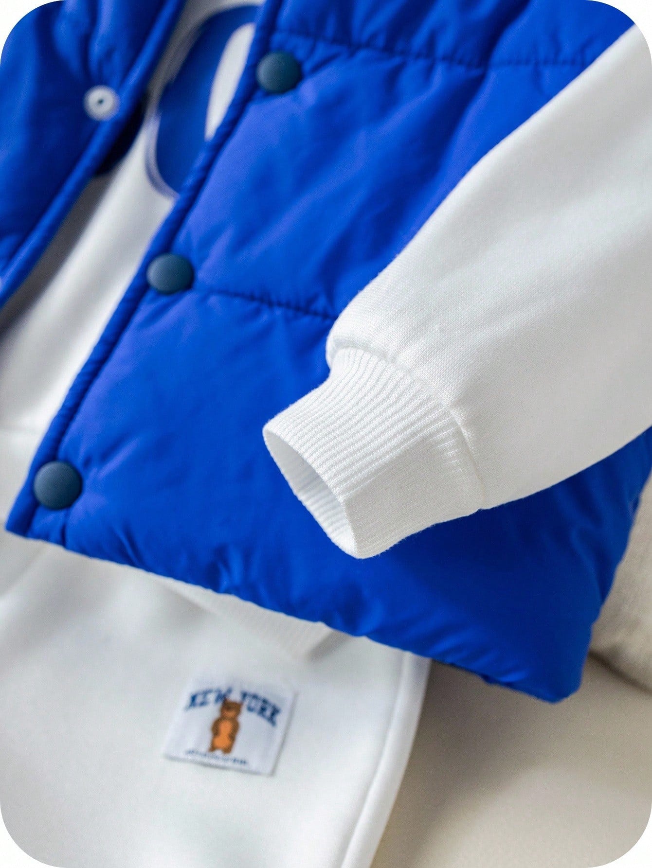3pcs/Set Baby Boys Outfit,Thermal Lined White Hoodie Sweatshirt,Sweatpants&Blue Collar Winter Jacket Vest Set,Blue White Stripe,Autumn,Casual