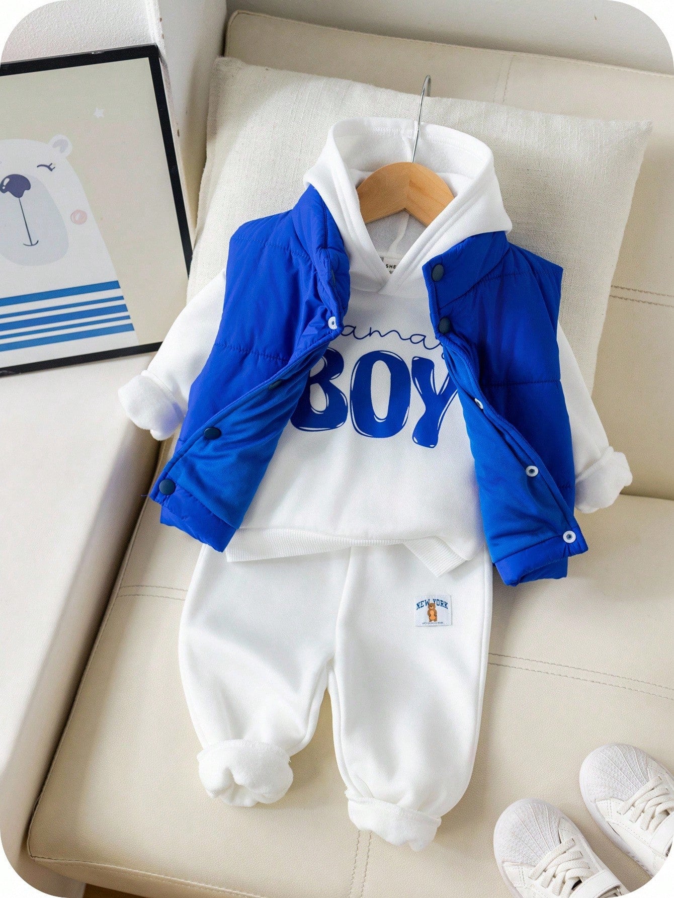 3pcs/Set Baby Boys Outfit,Thermal Lined White Hoodie Sweatshirt,Sweatpants&Blue Collar Winter Jacket Vest Set,Blue White Stripe,Autumn,Casual