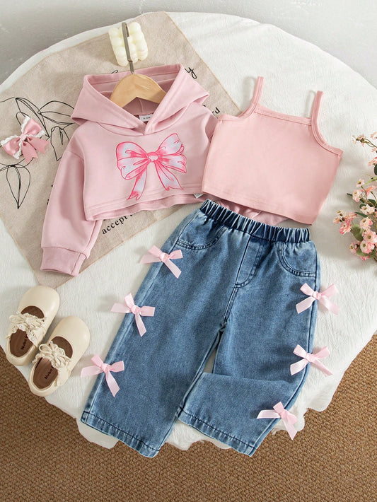 3pcs/Set Baby Girls' Casual American Style Pink Bow Print Hoodie Sweatshirt, Solid Color Camisole, And Bow Tie Straight Leg Jeans, Autumn/Winter