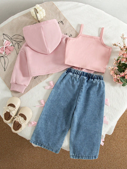 3pcs/Set Baby Girls' Casual American Style Pink Bow Print Hoodie Sweatshirt, Solid Color Camisole, And Bow Tie Straight Leg Jeans, Autumn/Winter