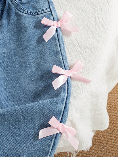 3pcs/Set Baby Girls' Casual American Style Pink Bow Print Hoodie Sweatshirt, Solid Color Camisole, And Bow Tie Straight Leg Jeans, Autumn/Winter