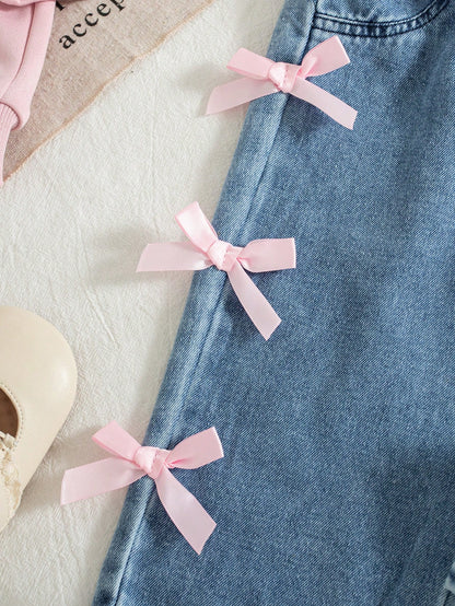 3pcs/Set Baby Girls' Casual American Style Pink Bow Print Hoodie Sweatshirt, Solid Color Camisole, And Bow Tie Straight Leg Jeans, Autumn/Winter