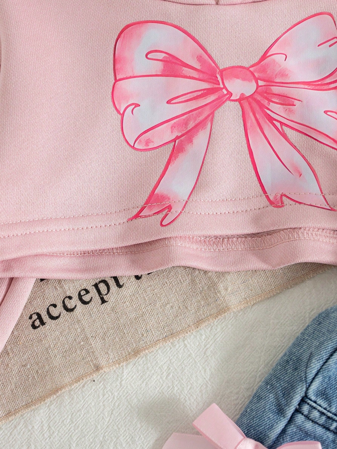 3pcs/Set Baby Girls' Casual American Style Pink Bow Print Hoodie Sweatshirt, Solid Color Camisole, And Bow Tie Straight Leg Jeans, Autumn/Winter