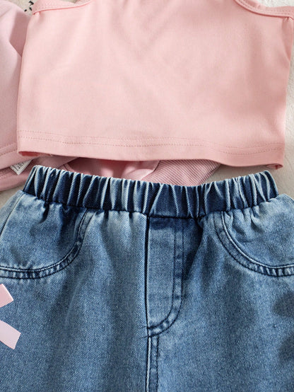 3pcs/Set Baby Girls' Casual American Style Pink Bow Print Hoodie Sweatshirt, Solid Color Camisole, And Bow Tie Straight Leg Jeans, Autumn/Winter